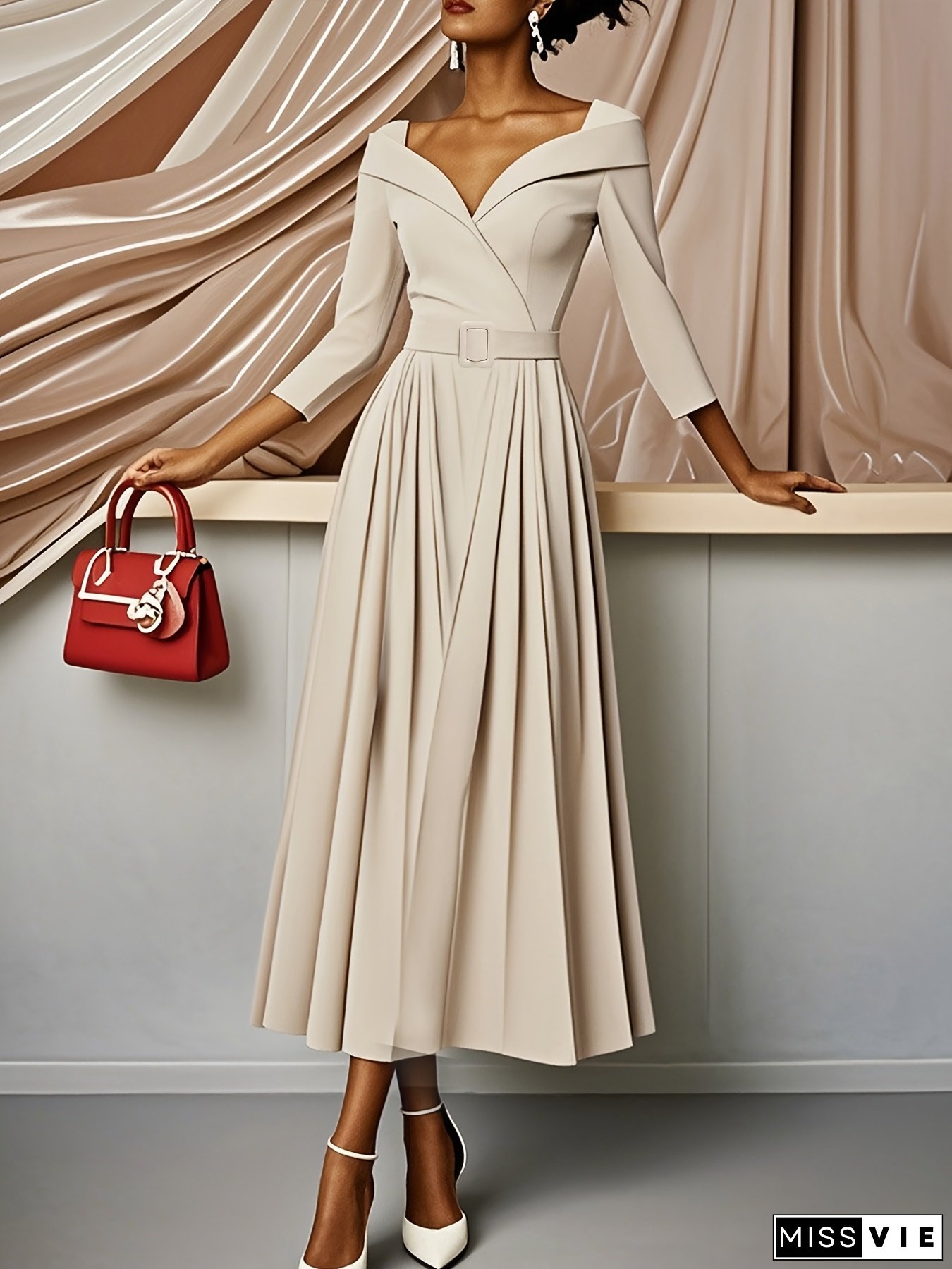 [New Arrival Dress] Beige Pleated A-Line Long Dress | Women's New Arrival With Seven-Eighth Sleeves