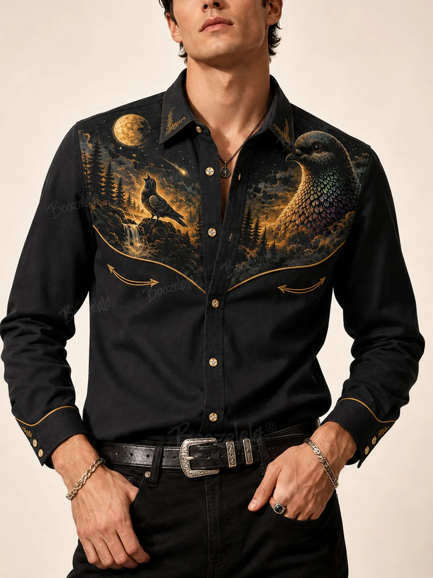 Perfect for Country Music Festival &mdash; Black, 2026 Spring/Autumn, Night Sky Bird Graphic Design, Cotton, Men's Western Cowboy Long Sleeve Shirt-100% Cotton