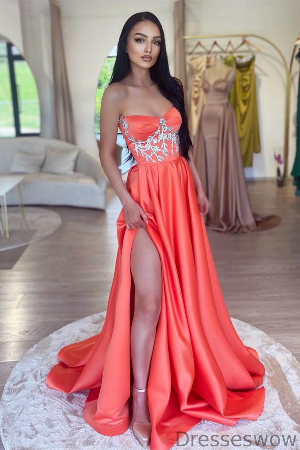Dresseswow Orange Sweetheart Long Evening Dressess A-Line Split With Beads