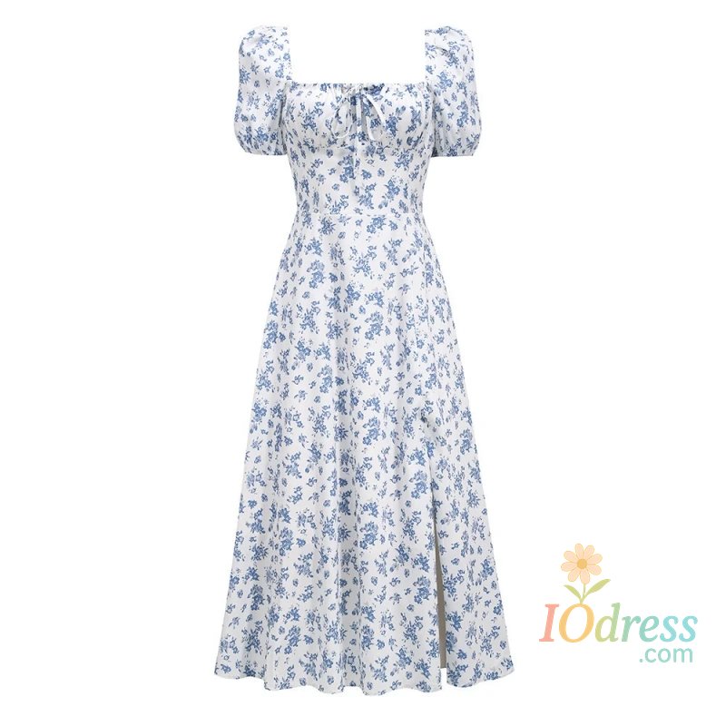 IO Dress 2025 Summer Sweet Ruffle Dress Vintage Floral Printed Dressess for Women French Elegant Square Collar Backless Dress 20472