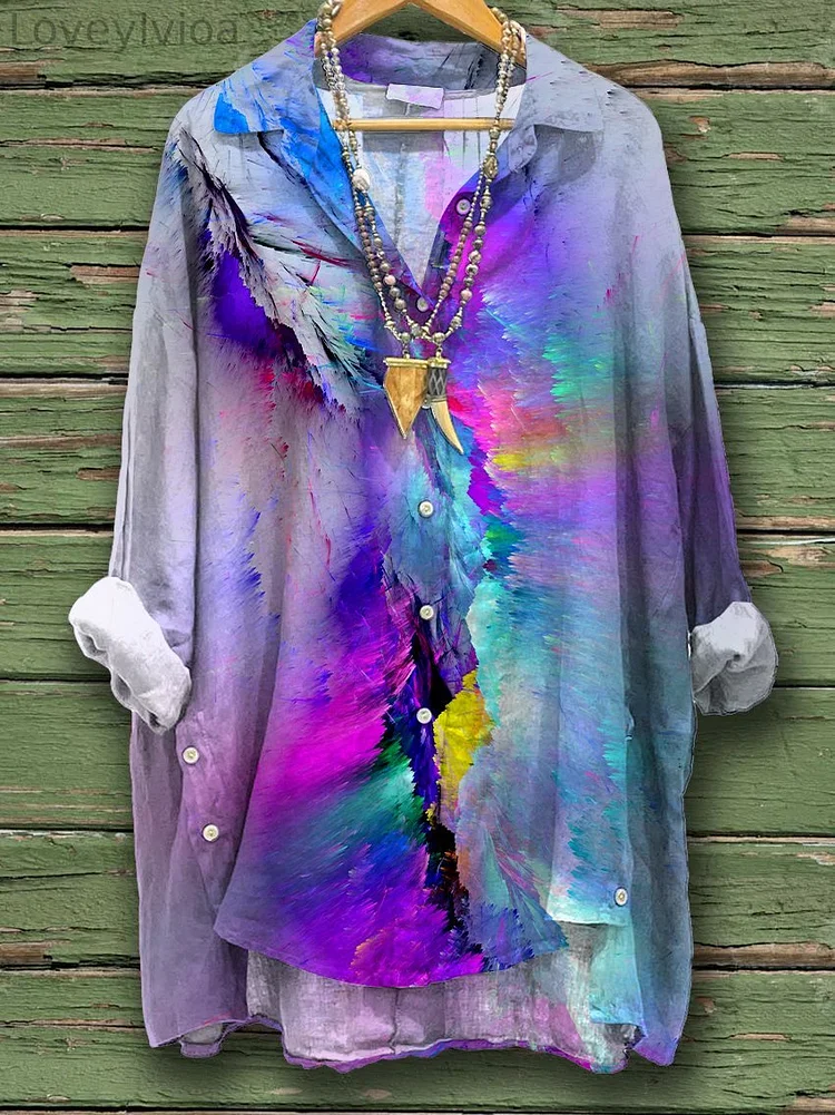Women's Color Print Casual Cotton And Linen Shirt