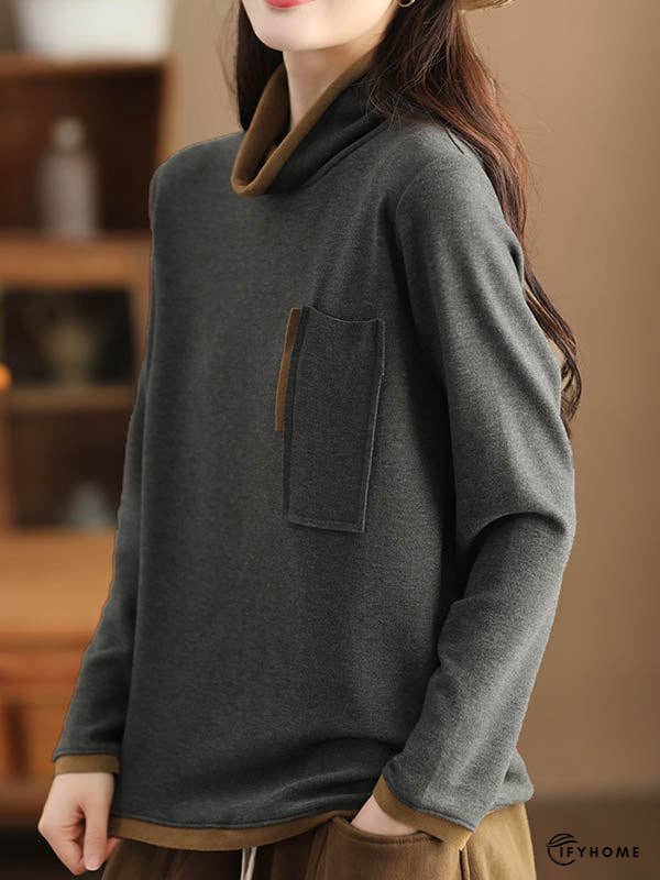 False Two Long Sleeves Contrast Color Pockets High Neck T-Shirts Tops | IFYHOME