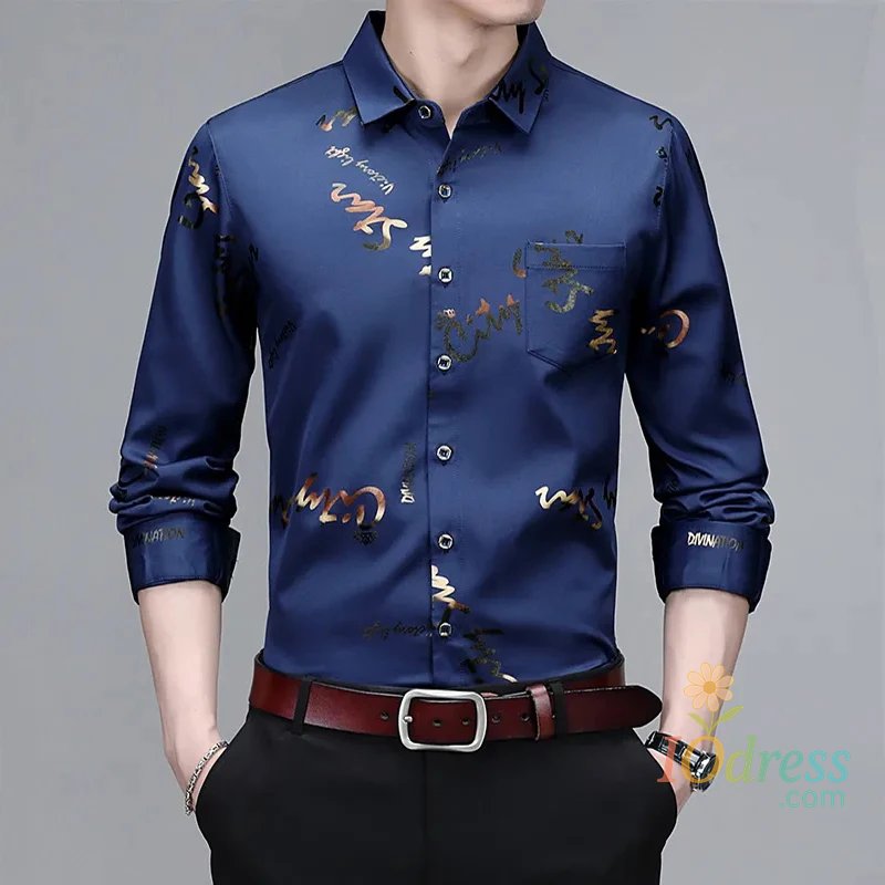 IO Menswear Men's Casual and Fashionable Long Sleeved Printed Shirt, Non Ironing and Wrinkle Resistant Business Top