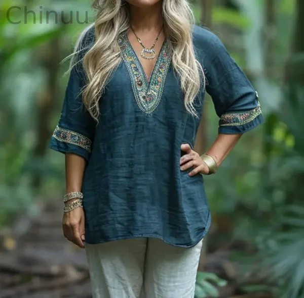 Retro Loose Comfortable And Breathable Ethnic Style Linen V-neck Short-sleeved Top
