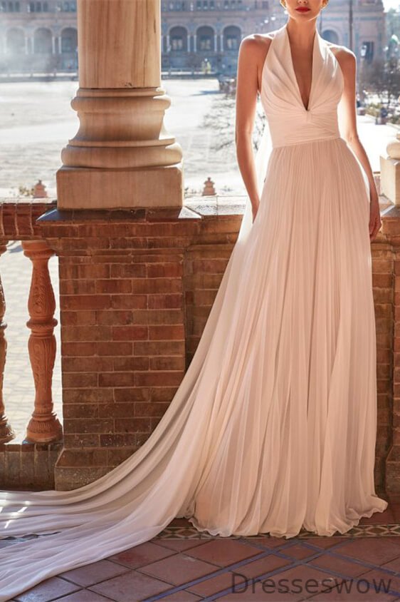 Dresseswow Halter V-Neck Backless Wedding Dress With Ruffles Back