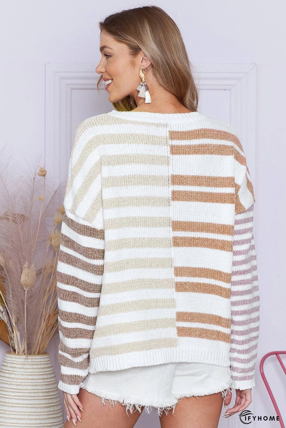 Color Block Drop Shoulder Pullover Striped Sweater | IFYHOME