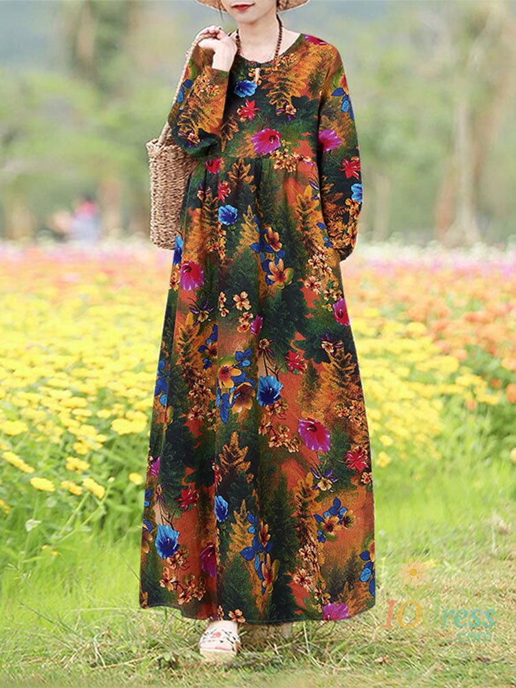 IO Dress Vintage Floral Dress Woman 2025 choice Autumn Bohemian Long Dresses Casual Long Sleeve Maxi Vestidos Loose Robe Femme Oversize