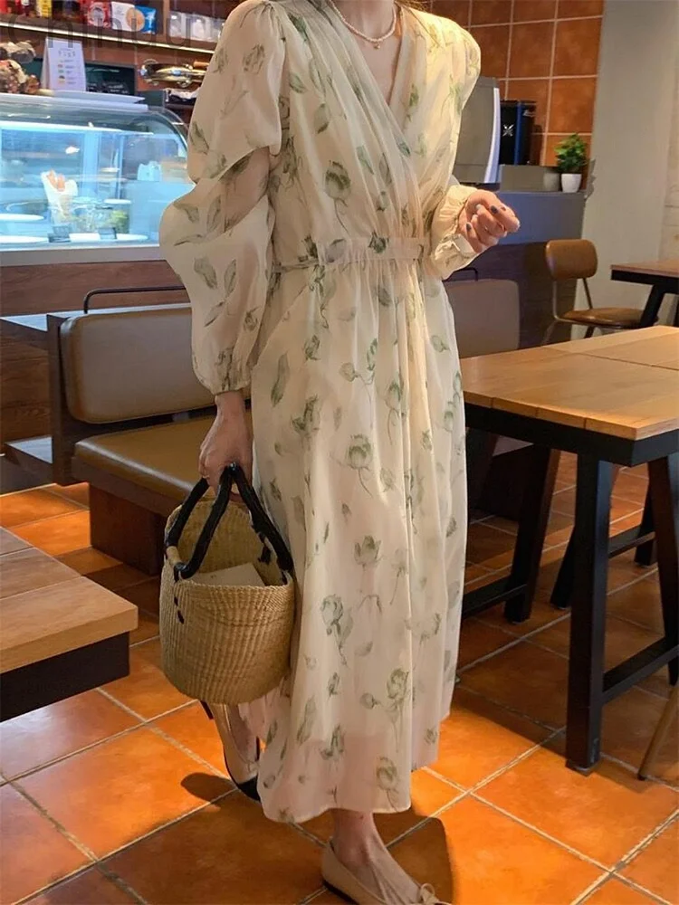 Women's Green Flower V-neck Chiffon Print Dress