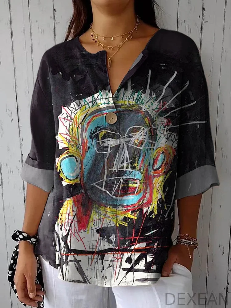 Women's Vintage Abstract Figure Art Print Casual Cotton Linen Shirt