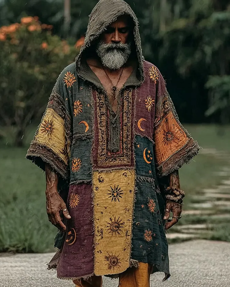 Men's Summer Star and Moon Embroidery Color Block Linen Hooded Kaftan 2236