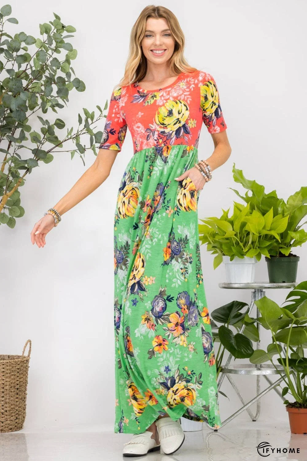 Celeste Full Size Printed Round Neck Short Sleeve Maxi Dress | IFYHOME