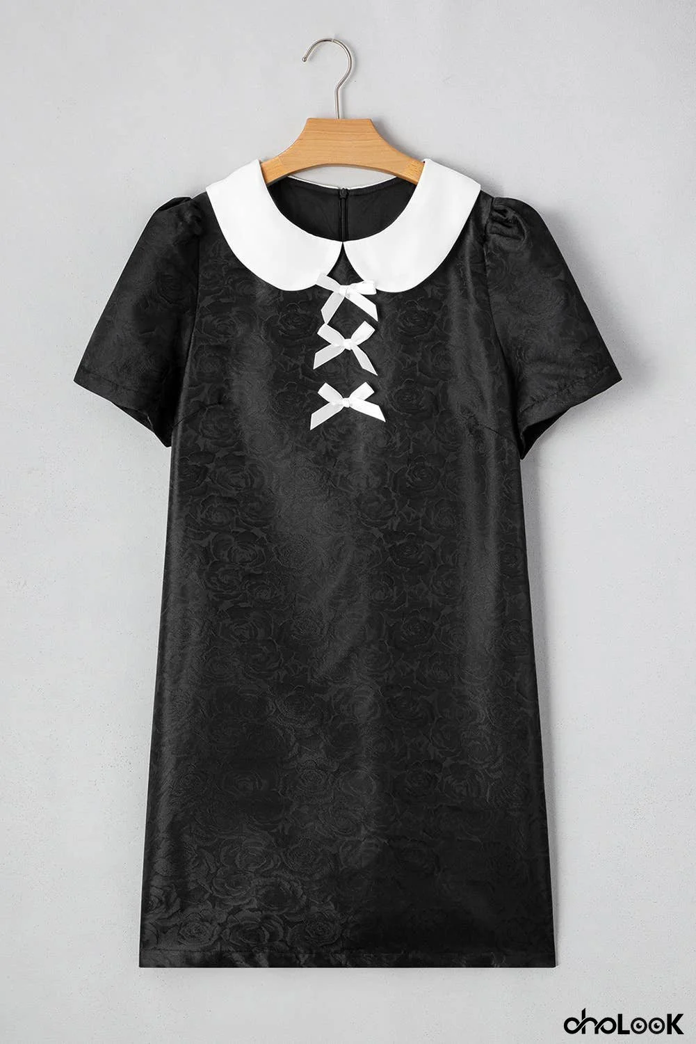 Floral Embossed Puff Sleeve Bow Collared Mini Dress