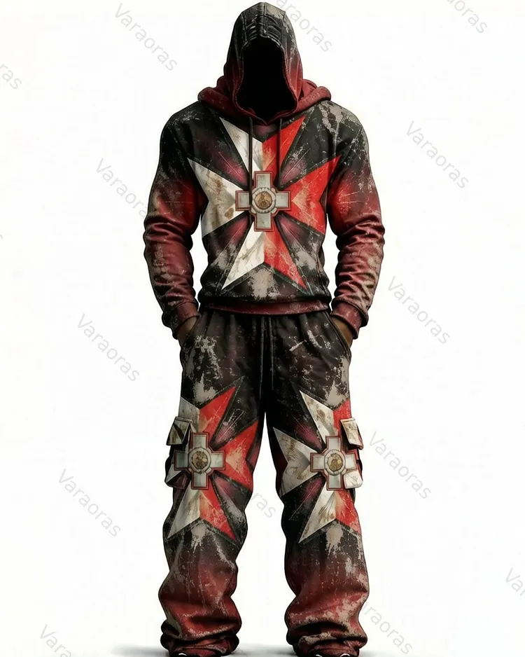 Men's Gradient Cultural Cross Embroidered Distressed Hoodie and Pants Two-Piece Set 9669