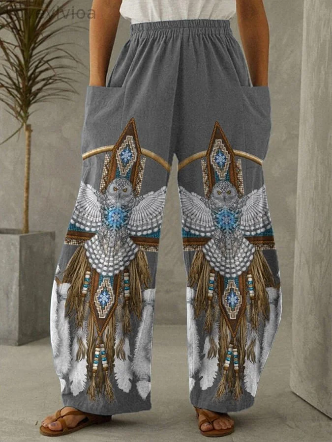 Vintage Western Print Wide Leg Pants