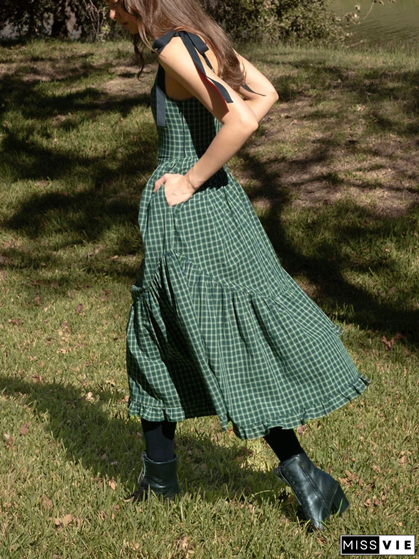 Green Plaid Strap Dress Women's Summer New Slimming Holiday U-Neck Skinny Waistcoat Long Dress