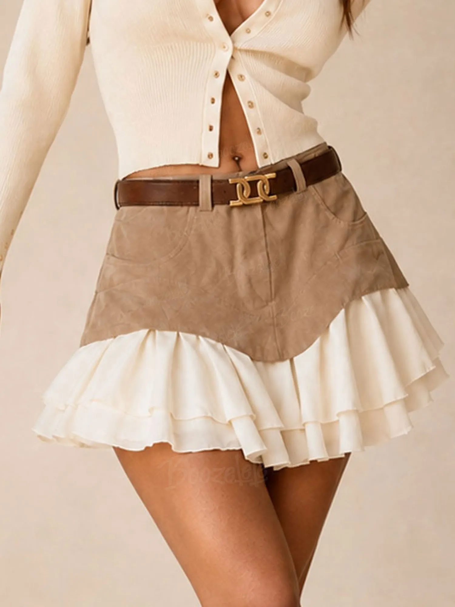 Essential For Vacations &mdash; Tiered Ruffle Hem, Western Boho Style，Khaki Colorblock  Skirt (No Belt）