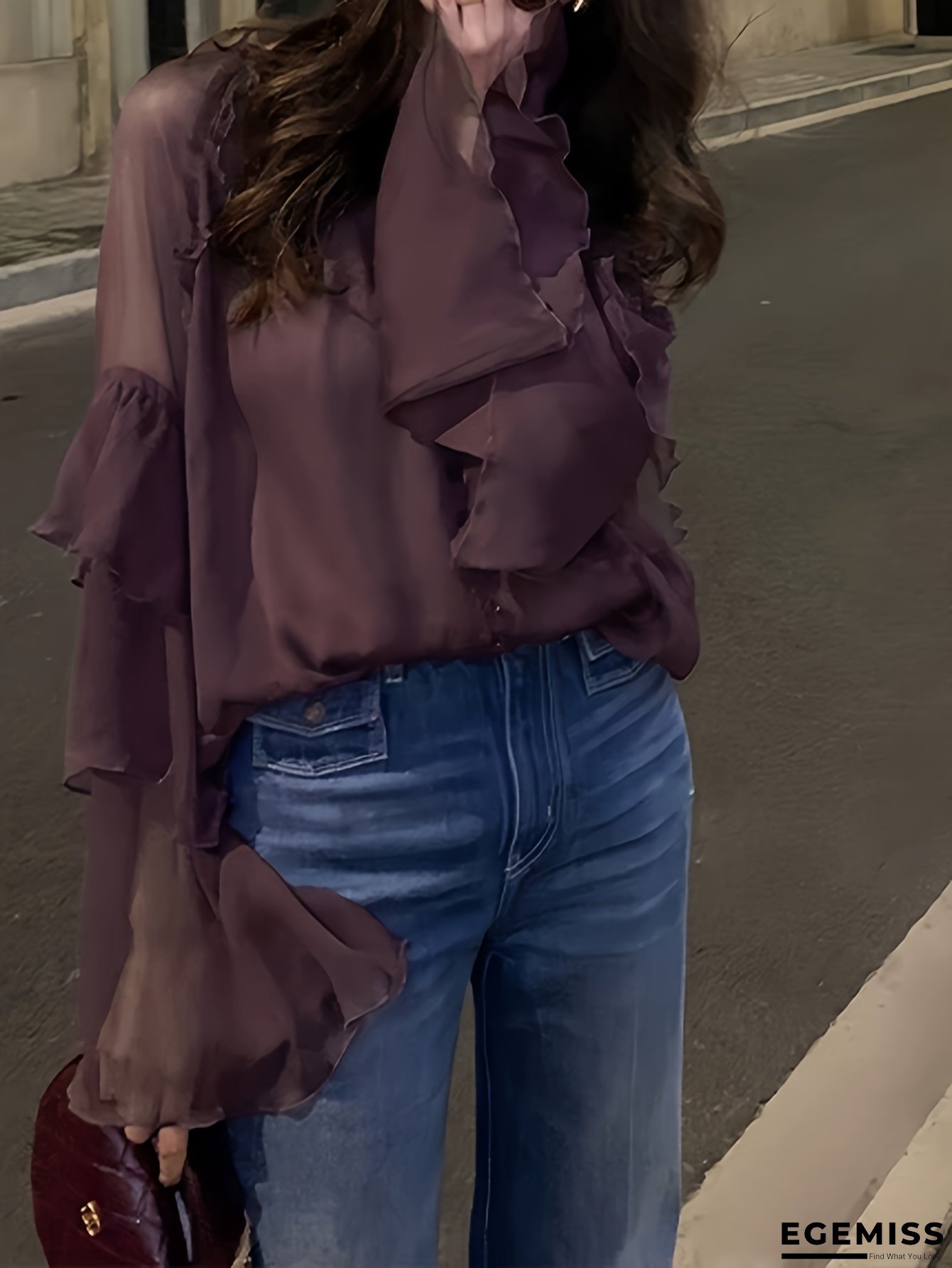 Women&lsquo;s Lightweight Chiffon Blouse with Ruffled Bell Sleeves - Round Neck, Button-Up Front, Solid Brown, Perfect for Spring/Summer/Fall, Casual to Formal Wear, Casual Wear Blouse | Ruffled Bell Sleeves | Chiffon Fabric | EGEMISS