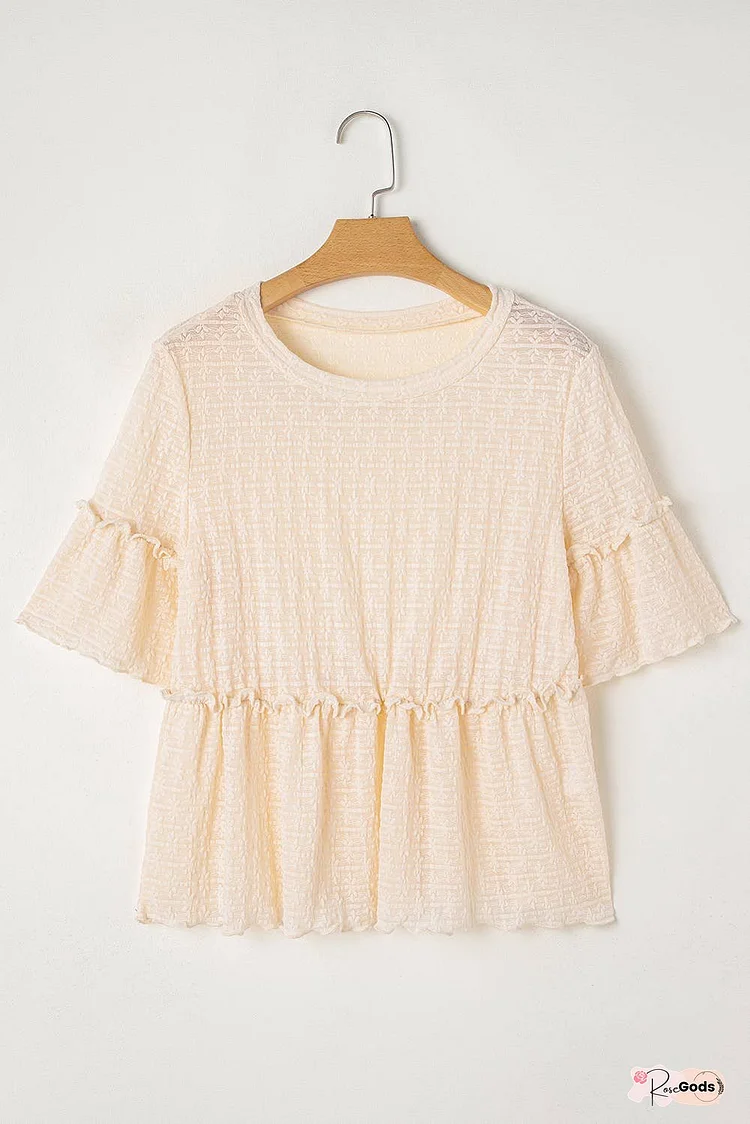 Solid Color Textured Ruffled Short Sleeve Blouse