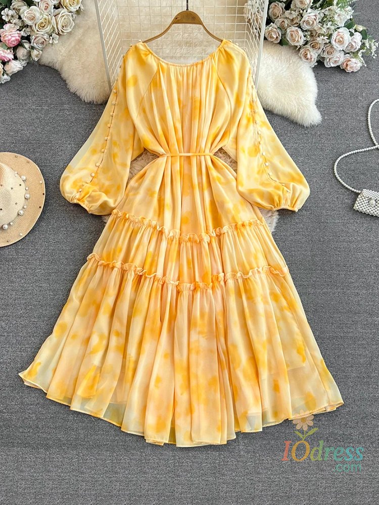IO Dress New Women's Long Sleeve Dress Spring Autumn Round Neck A-Line Mid-Length Printed Gown with Waist Large Hem Style A35 IO Dress