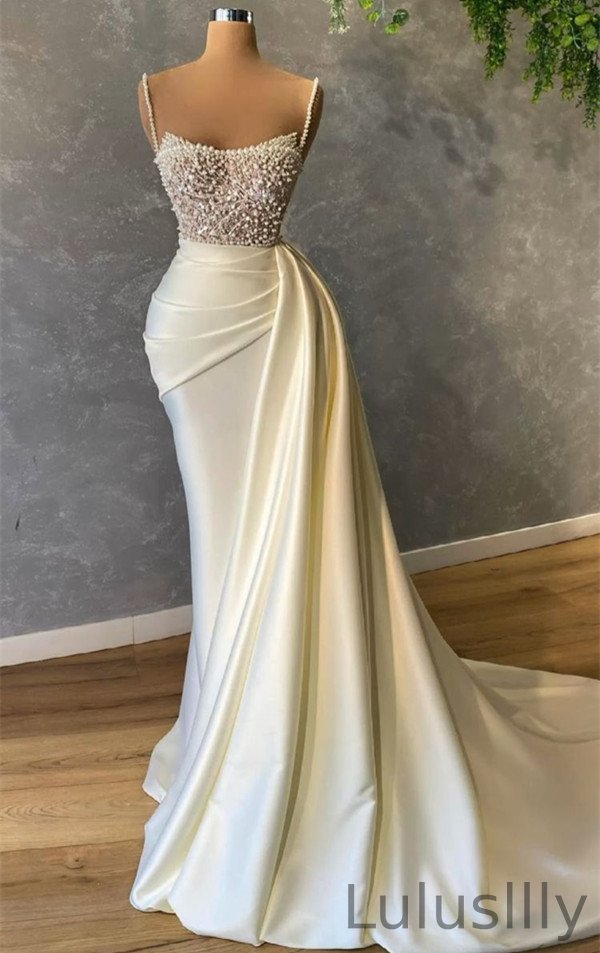 Elegant Ivory Pearls Mermaid Bridal Gown Spaghetti-Straps - lulusllly