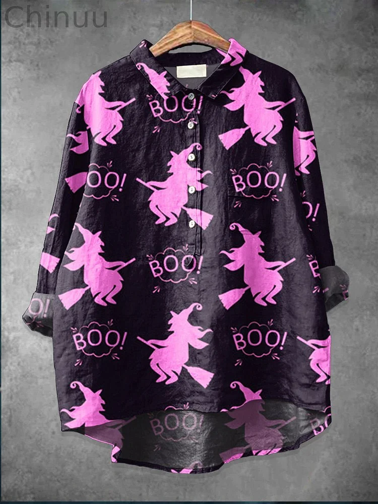 Women's  Halloween  Witch  Art  Print Casual Cotton And Linen Shirt