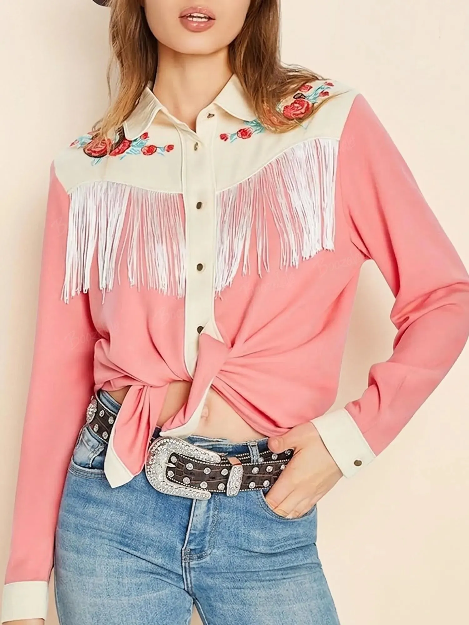Perfect for a Country Music Festival &mdash; Women&rsquo;s 2026 S/S Red & White Fringe Rose Embroidered Tie-Front Western Button-up Shirt
