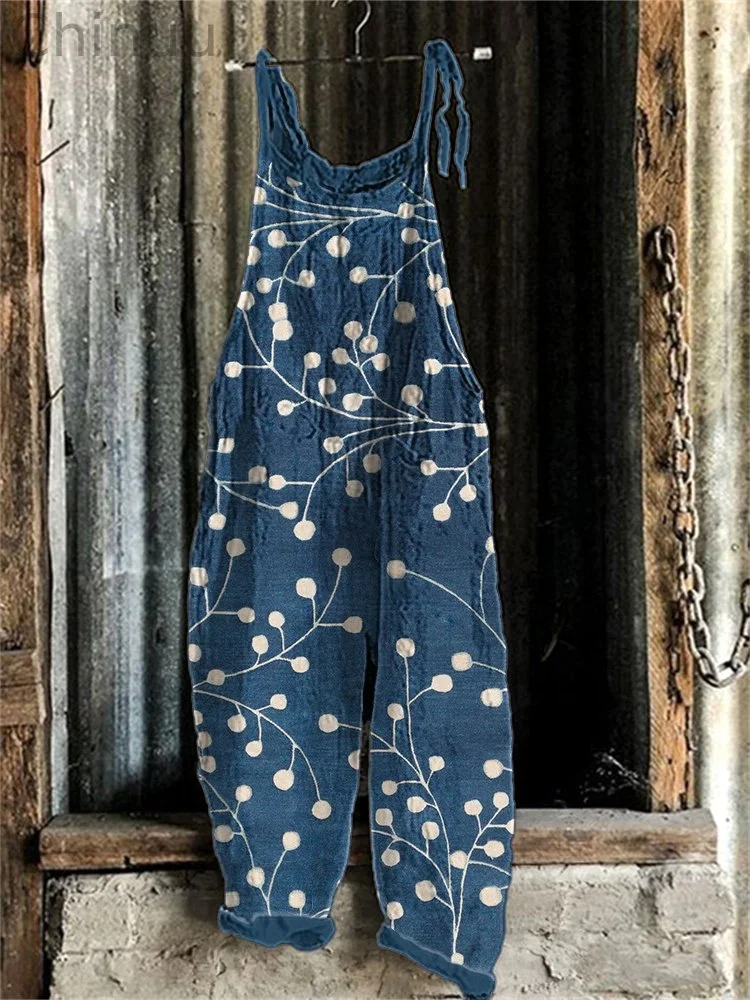Floral Art Print Linen Blend Casual Jumpsuit