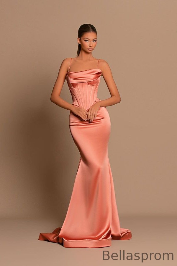 Bellasprom Spaghetti-Straps Coral Prom Dress Mermaid Sleeveless Strapless Bellasprom