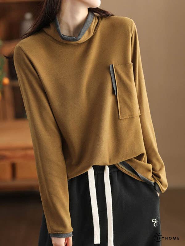 False Two Long Sleeves Contrast Color Pockets High Neck T-Shirts Tops | IFYHOME