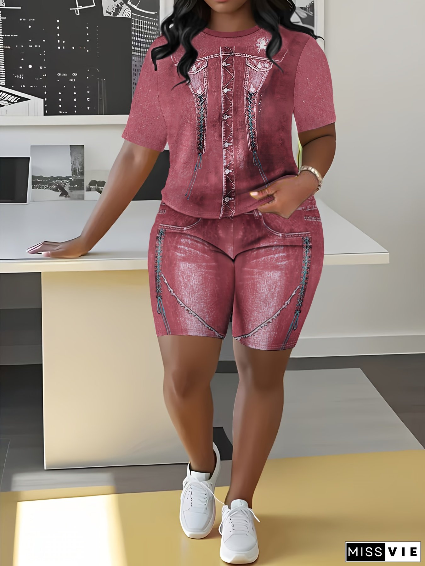 【Imitation Denim】Plus Size - Plus-Size Women's Clothing, A Two-Piece Set With All-Over Print, Featuring Faux Denim Design, Short Sleeves, A Round Neck, And A Loose Hem Top Paired With Fitted Shorts