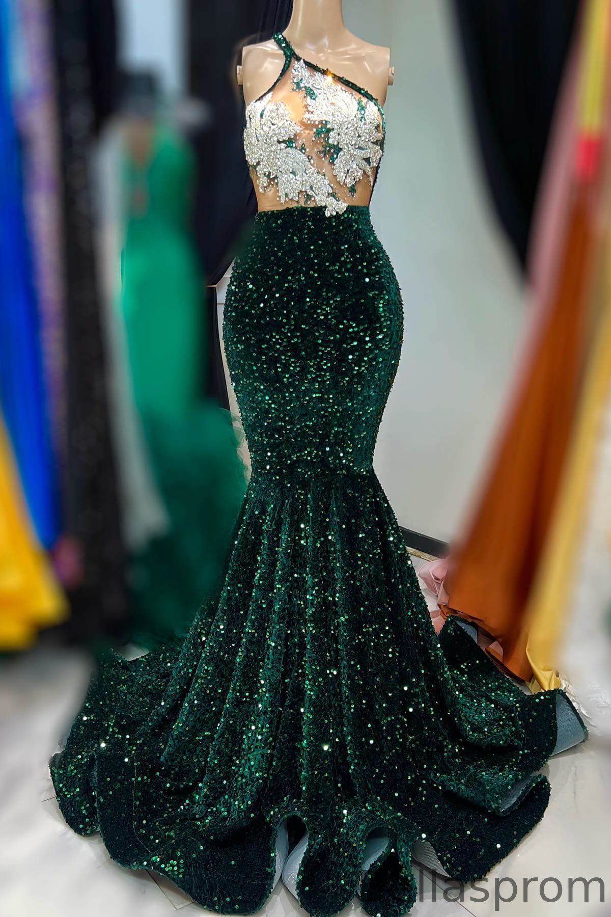 Bellasprom Dark Green One Shoulder Sleeveless Mermaid Prom Dress With Sequins Beadings Bellasprom