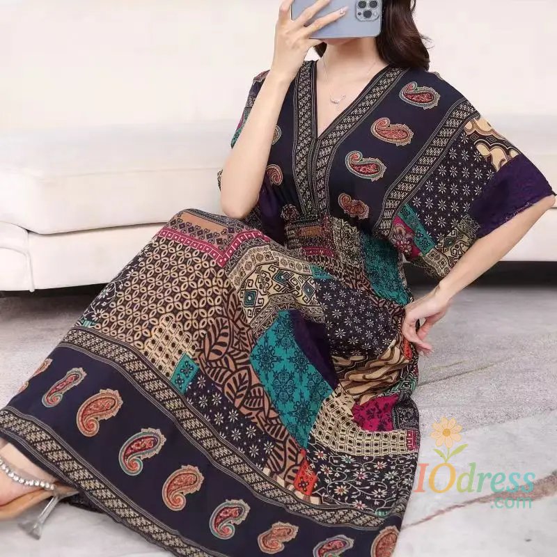 IO Dress Colorful Flower V-neck Elastic Youthful Bohemian Sweet Midi Dress Woman Clothes Chic Fashion Summer Dresses 2025 Large Swing Ski IO Dress