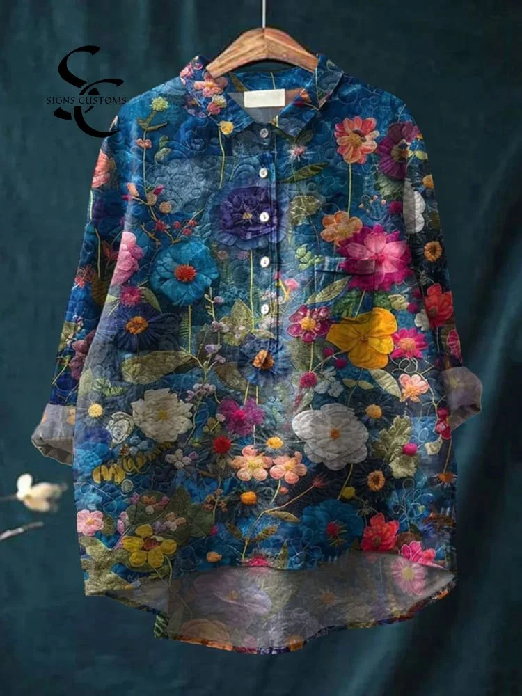 Women's Vintage Flower Print Casual Cotton And Linen Shirt