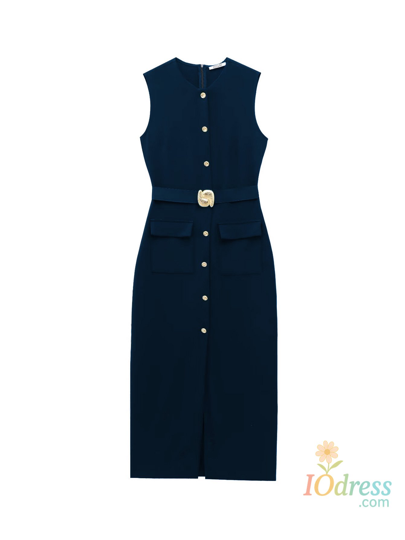 IO Dress HH Female Summer Elegant Midi Dress O-Neck Hem Slit With Belt Sleeveless Single Breasted Back Zipper Fashion Long Dress