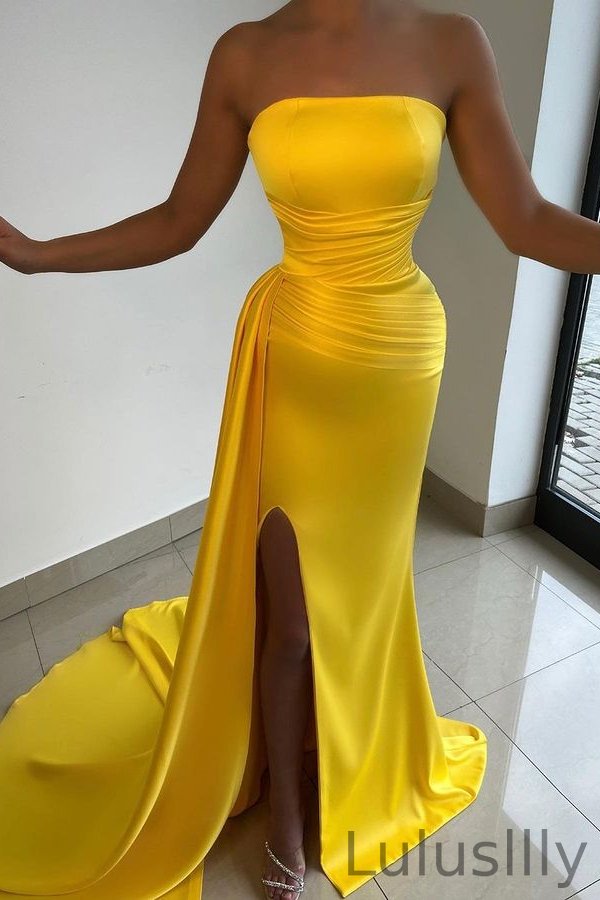 Gorgeous Yellow Strapless Prom Dress Mermaid Long Split Holiday Dresses - lulusllly