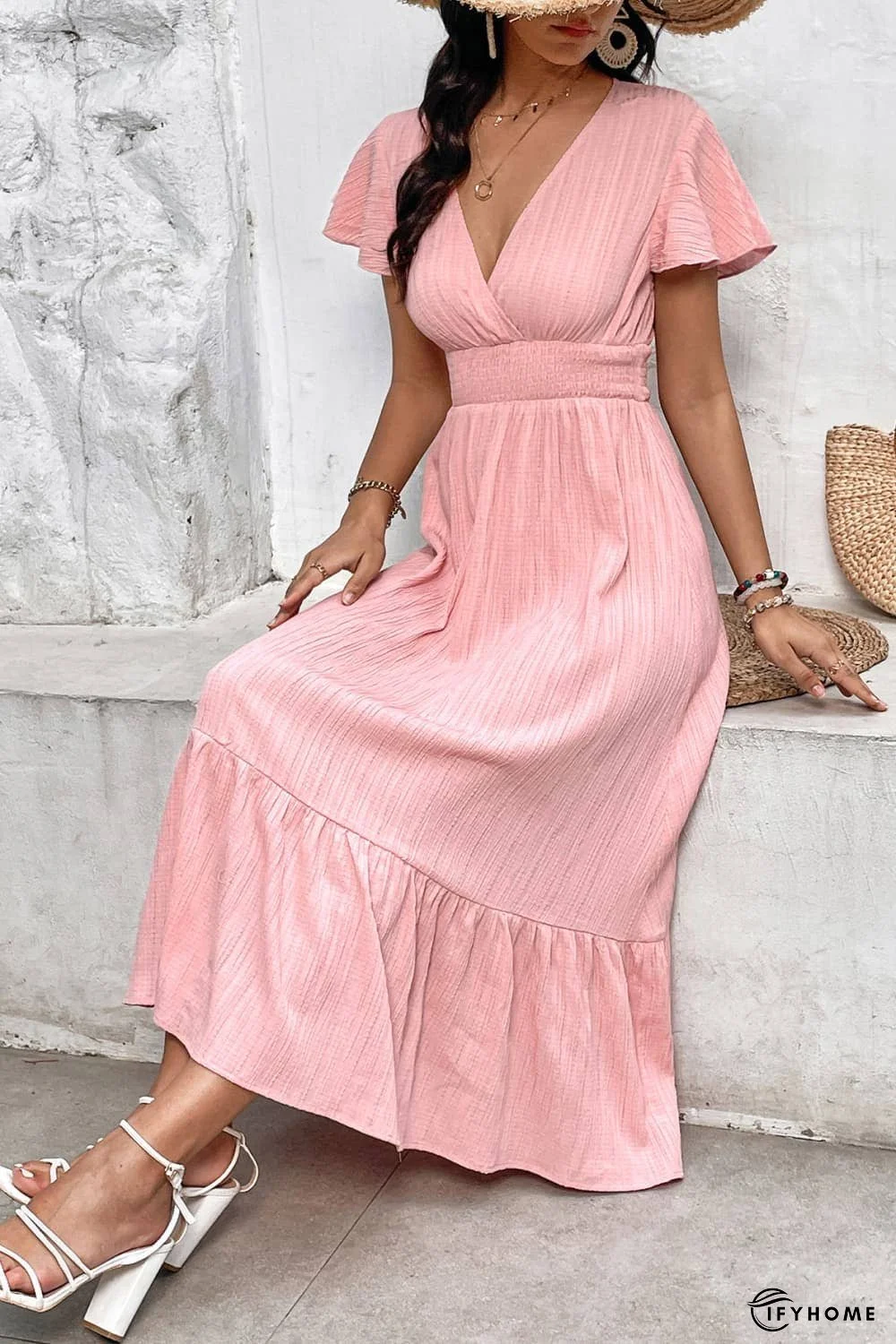Surplice Neck Smocked Waist Flutter Sleeve Dress | IFYHOME