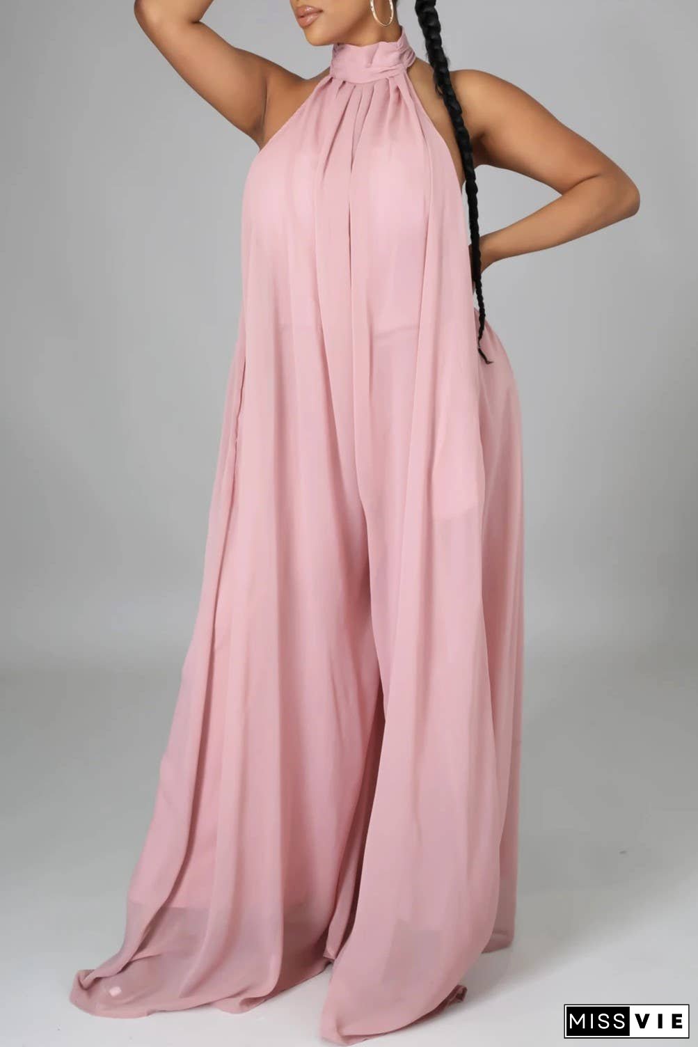 SS/24 chiffon halter backless pleated wide leg jumpsuit