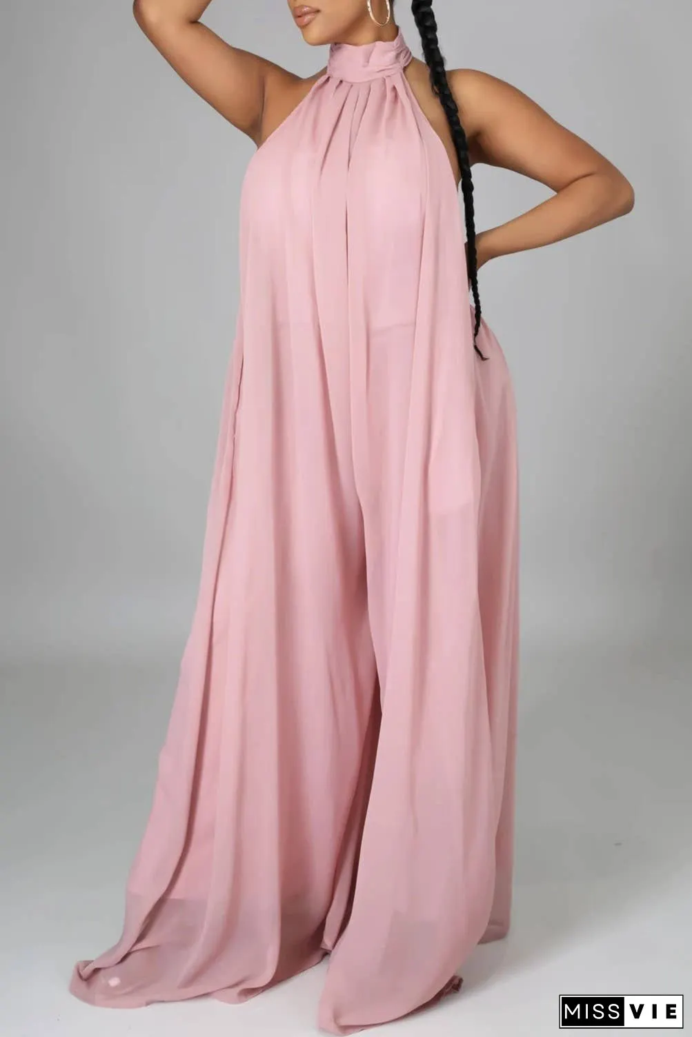 SS/24 chiffon halter backless pleated wide leg jumpsuit