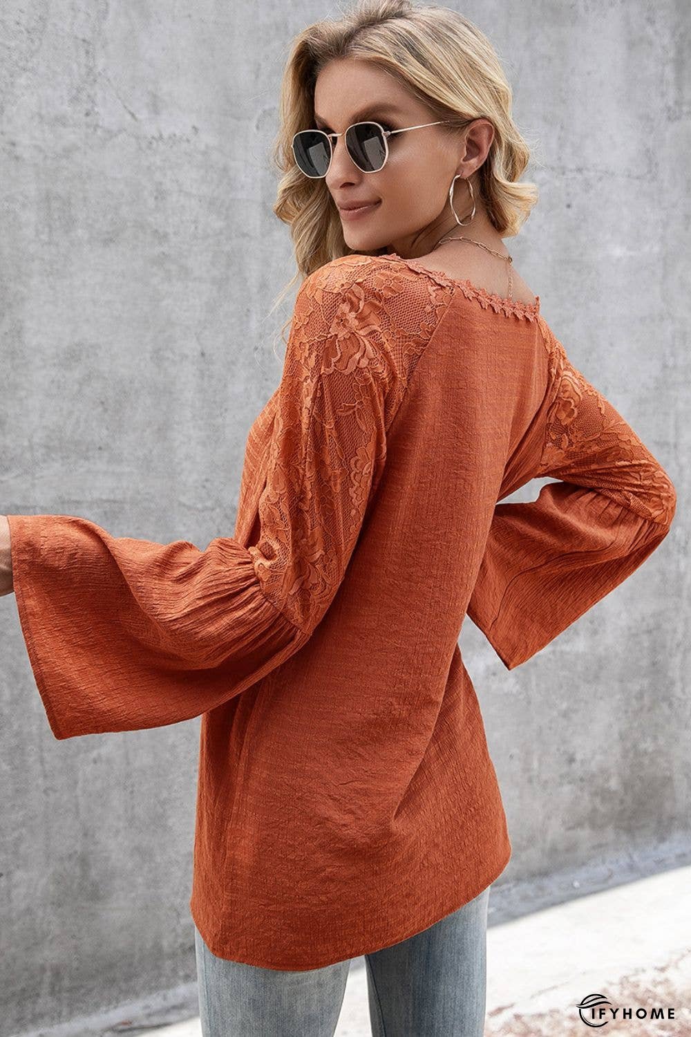 V-Neck Spliced Lace Flare Sleeve Top | IFYHOME