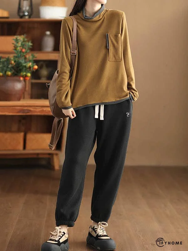 False Two Long Sleeves Contrast Color Pockets High Neck T-Shirts Tops | IFYHOME