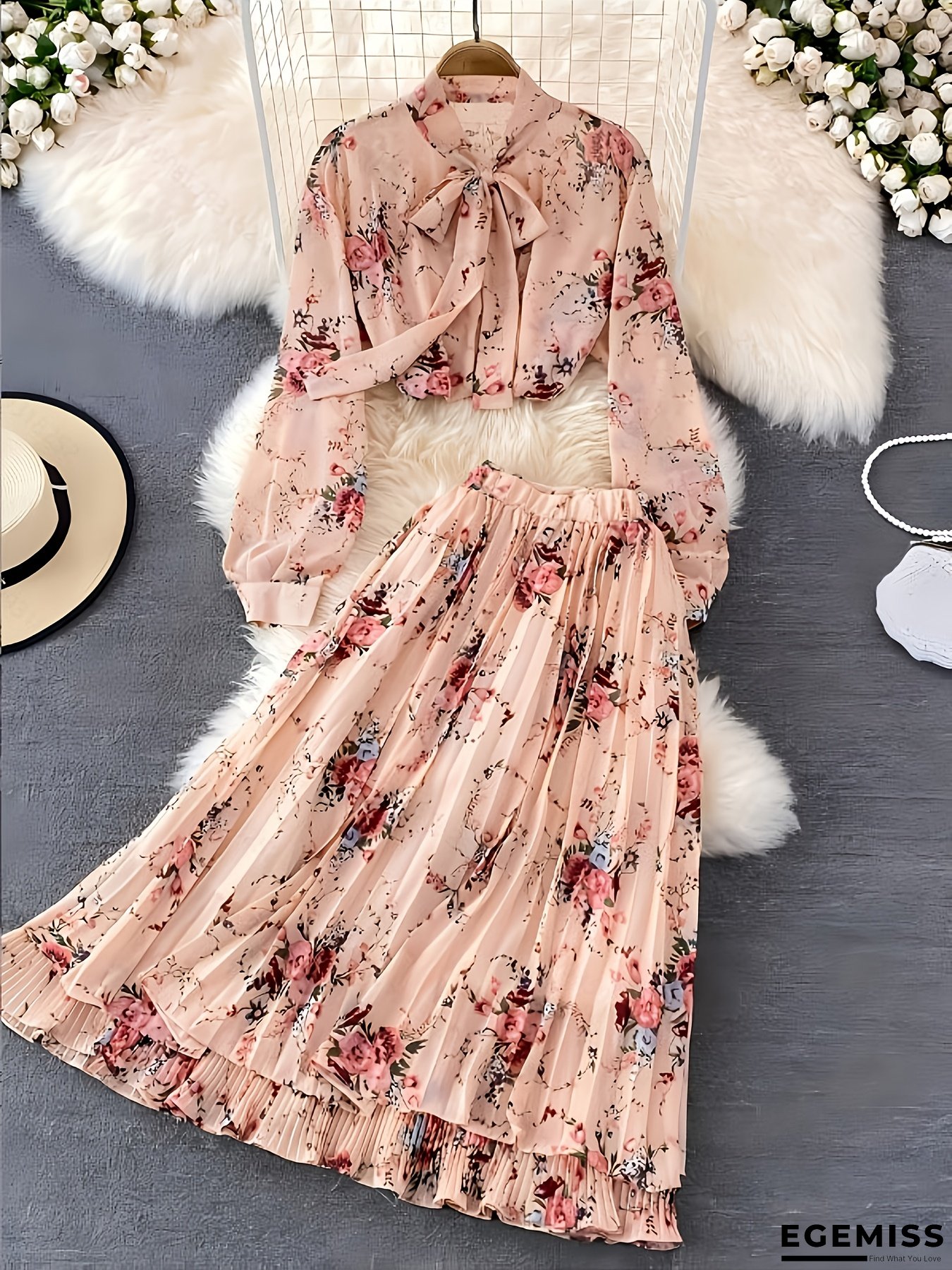 Women&lsquo;s Two-Piece Set with Bow Tie Long Sleeve Shirt and High-Waisted Pleated Skirt, Floral Print Fashion Outfit (LL168) | EGEMISS