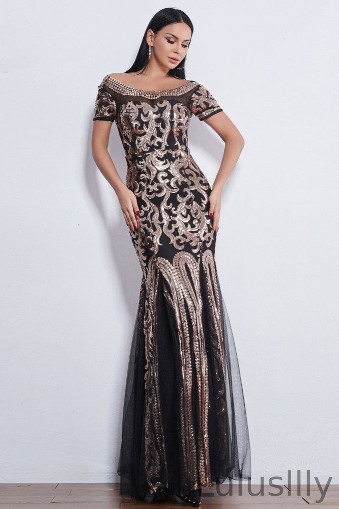 Short Sleeves Gold Sequins Prom Dress Long Mermaid Evening Gowns - lulusllly