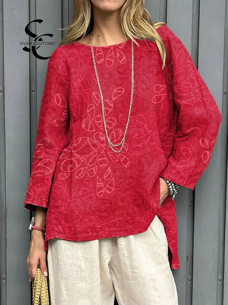 Women's Vintage Floral Art Print Casual Cotton And Linen Shirt