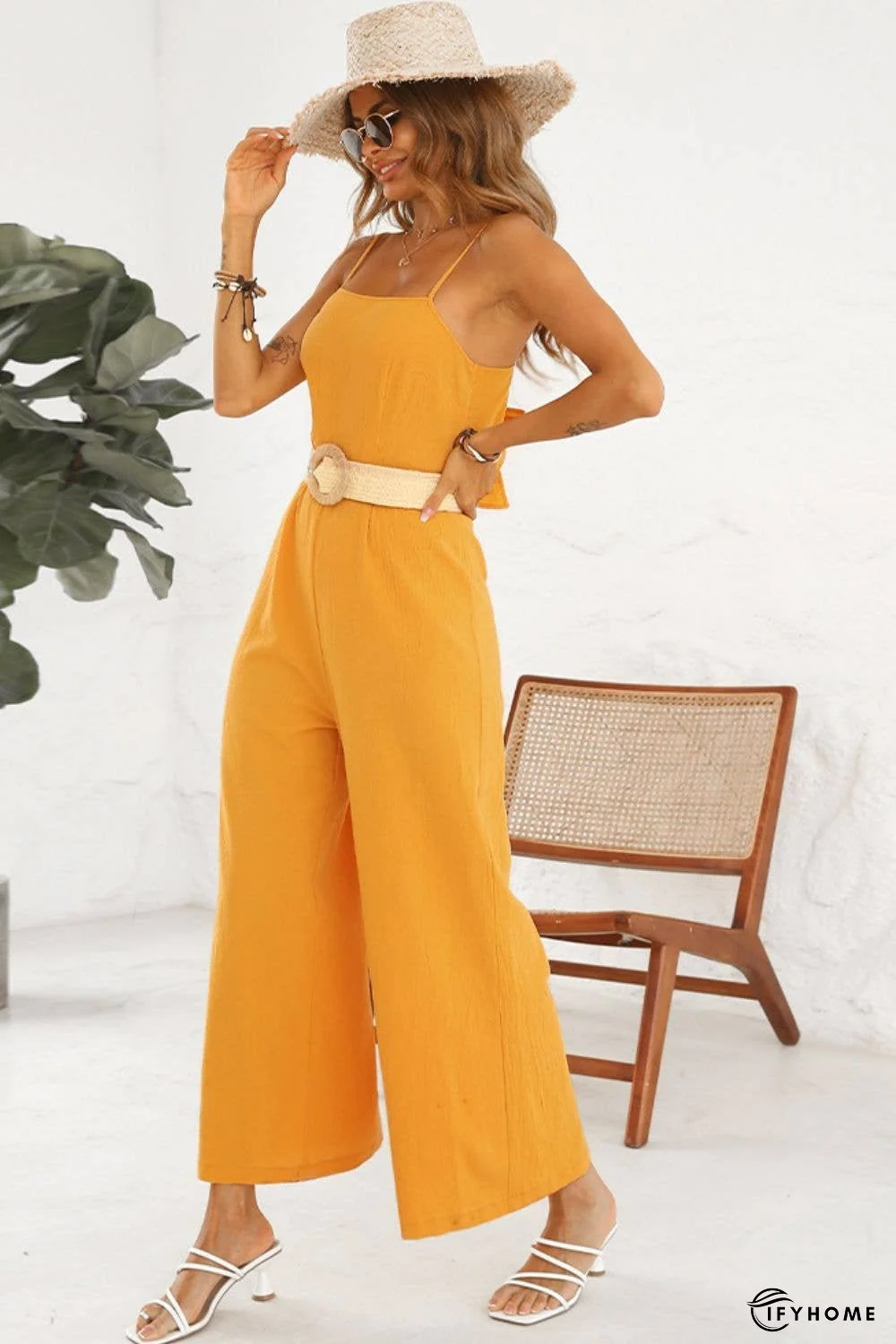 Cutout Spaghetti Strap Tie Back Wide Leg Jumpsuit | IFYHOME