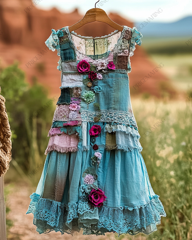 Vintage Floral Embroidered Lace Patchwork Dress 77ba