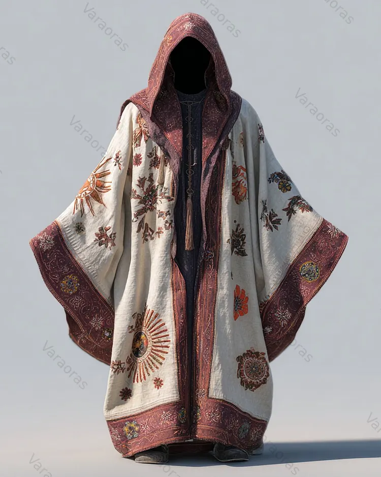 Men's Summer Fashion Star and Moon Embroidered Linen Hooded Cape 3354