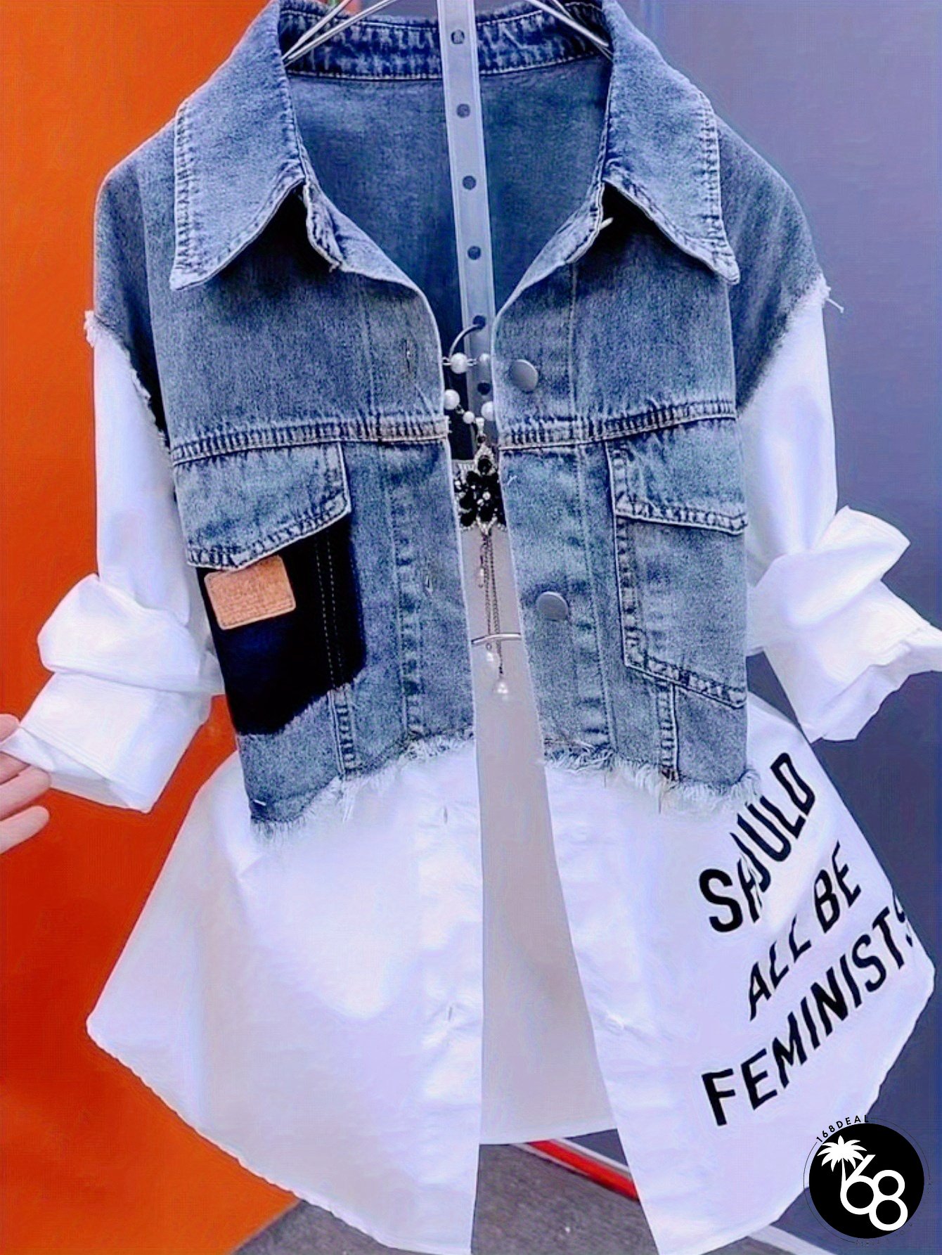 Womens Denim Patchwork Crop Shirt Distressed Blue Wash White Striped Collar Blouse | 168DEAL