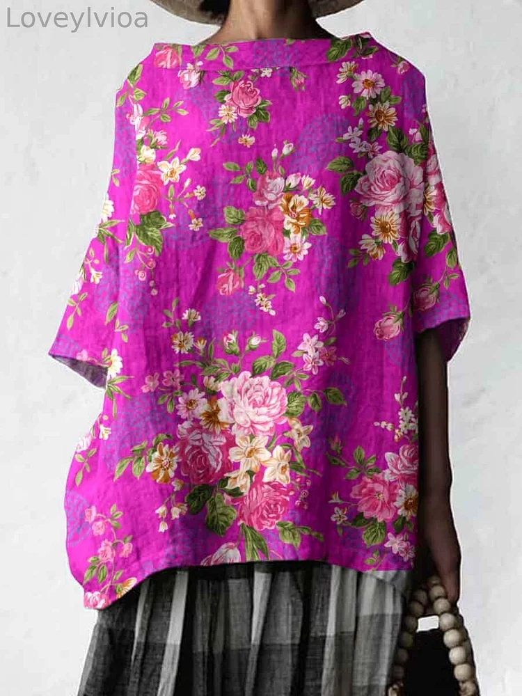 Women's Elegant Simple Rose Floral Print Linen Top