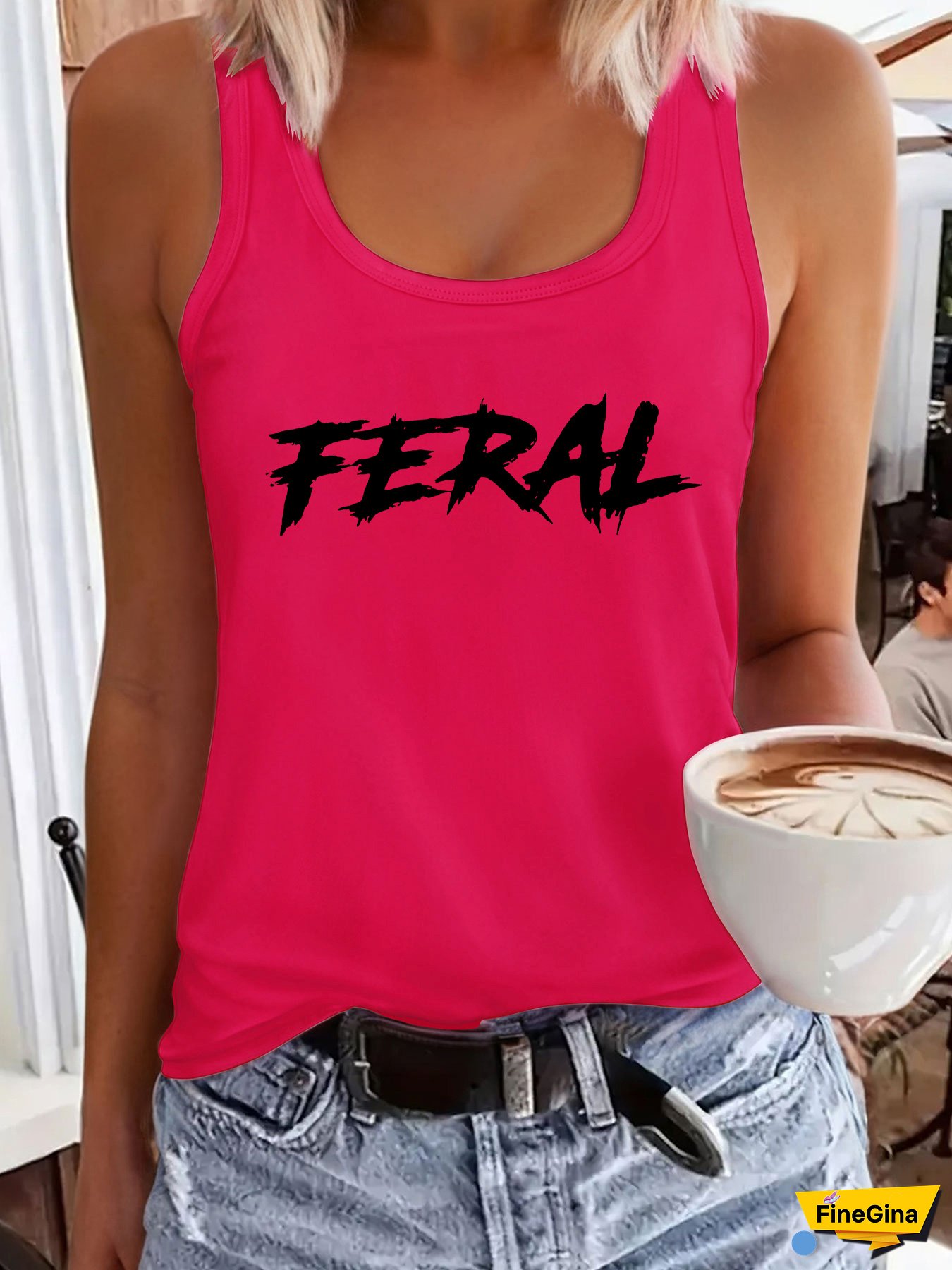 FERAL Women‘s Casual Tank Top - Sleeveless Crew Neck, Bold Red Letter Print, Lightweight Polyester, Perfect for Summer & Spring Outfits, Spring Fashion Top | Bold Lettering Top | Machine Washable