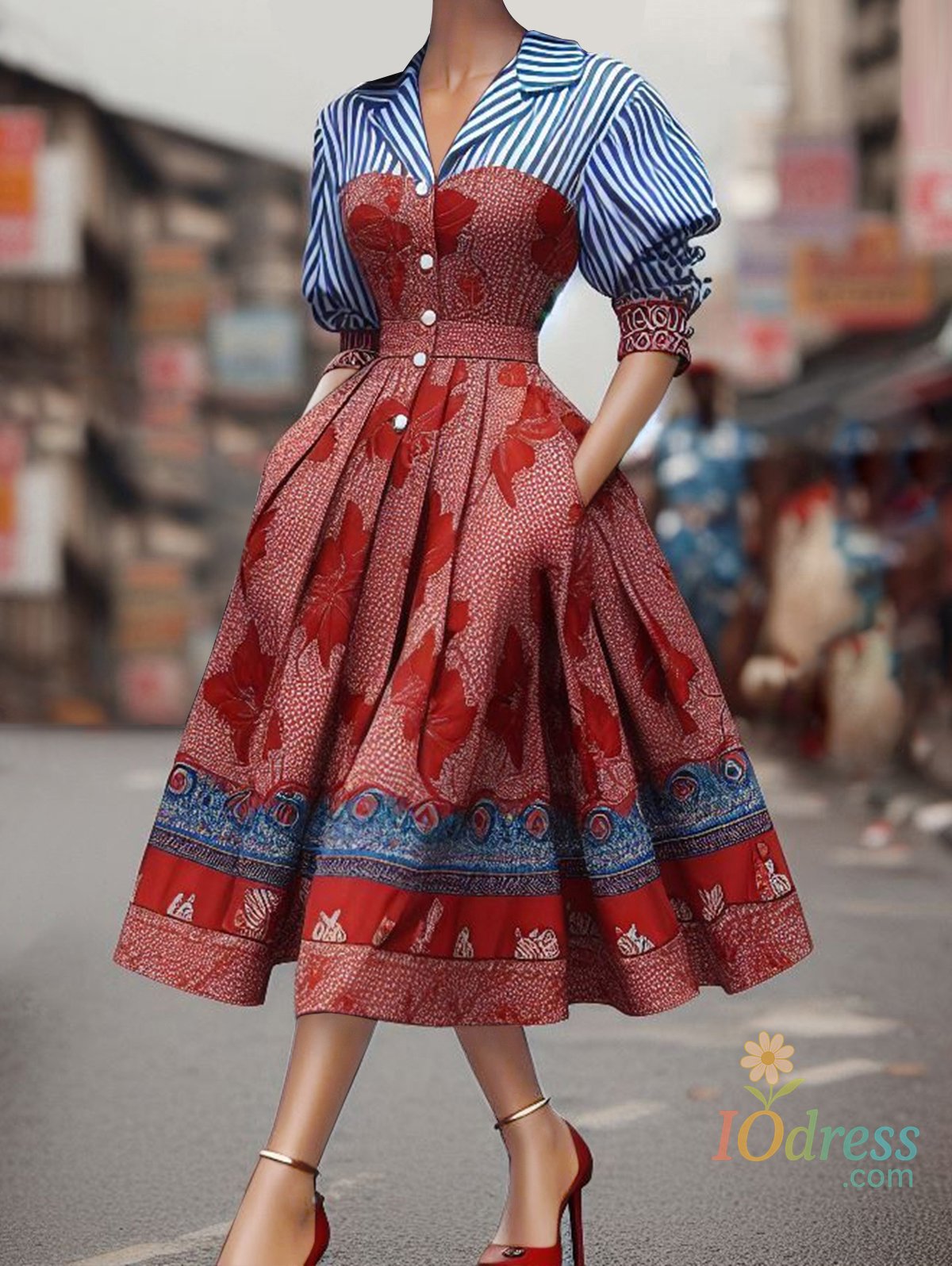 IO Dress Elegant Women's Dress Striped Floral Patchwork Turndown Collar Shirt Mid-Length Waisted Evening Party Dress Women's Midi Dress